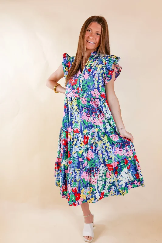 Last Chance Size Small | Magnolia Morning Floral Ruffle Cap Sleeve Tiered Midi Dress in Blue