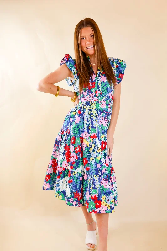 Last Chance Size Small | Magnolia Morning Floral Ruffle Cap Sleeve Tiered Midi Dress in Blue