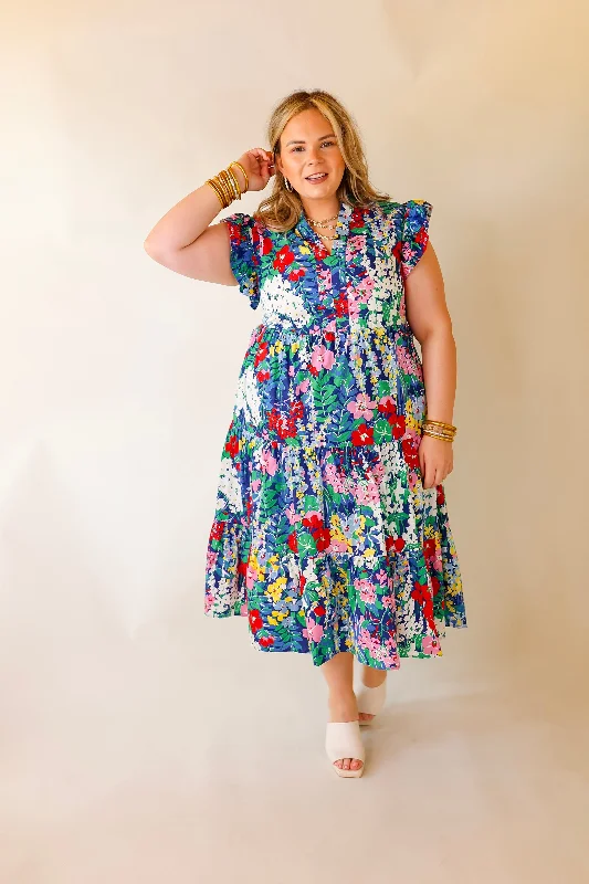 Last Chance Size Small | Magnolia Morning Floral Ruffle Cap Sleeve Tiered Midi Dress in Blue