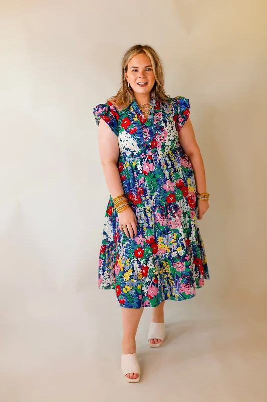 Last Chance Size Small | Magnolia Morning Floral Ruffle Cap Sleeve Tiered Midi Dress in Blue