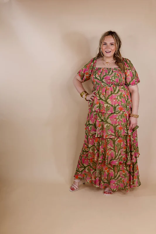 Fun Feeling Floral Tiered Maxi Dress with Smocked Balloon Sleeves in Green Mix