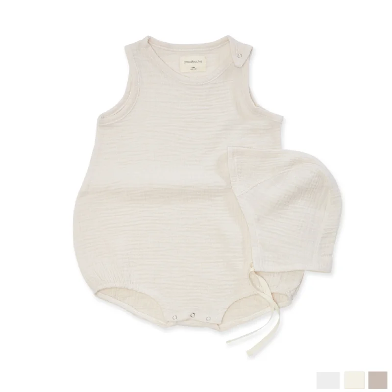 Gauze Bubble Romper Bonnet Set