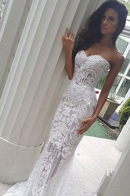 Mermaid Sweetheart Long Lace Wedding Dress Strapless Sweep Train Bridal Dress N523