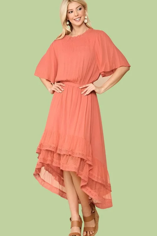 Hi Lo Dress w/Lace Hem - Salmon