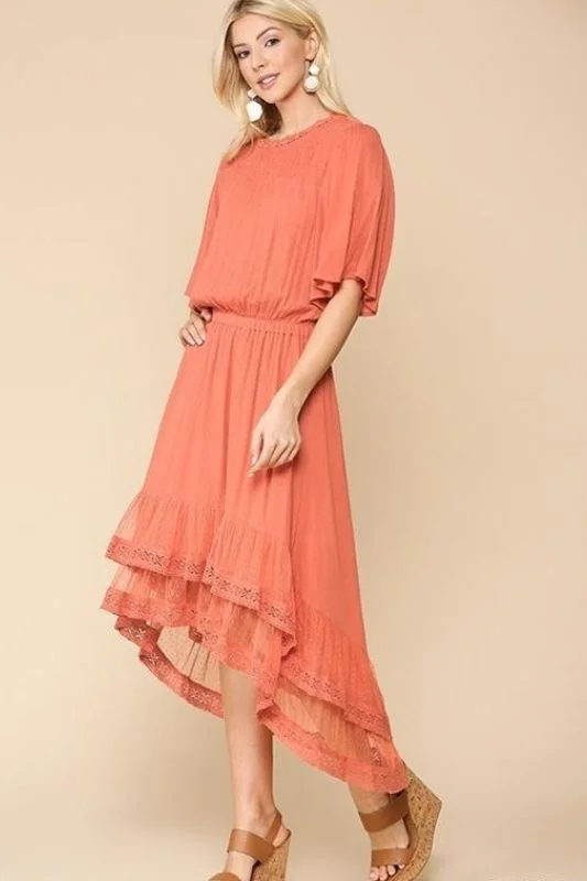 Hi Lo Dress w/Lace Hem - Salmon