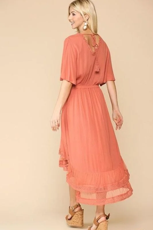 Hi Lo Dress w/Lace Hem - Salmon