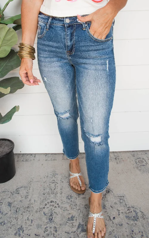 Midrise Distressed Boyfriend Denim Jeans- RISEN - Final Sale