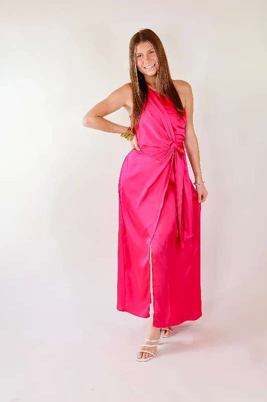 Luxury Glam One Shoulder Slit Dress in Fuschia Pink