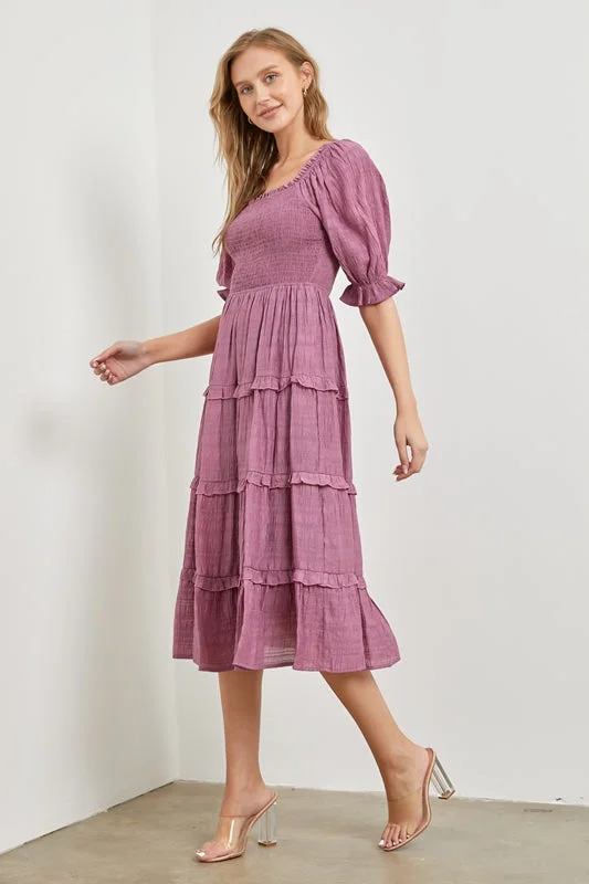 Polagram Tiered Smocked Midi Dress - Blueberry Lavender