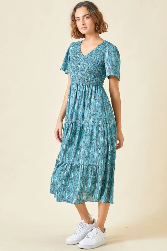 Polagram Smocked Tiered Leaf Print Midi Dress - Teal