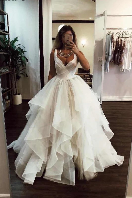 Puffy Straps Long Beach Wedding Dress Unique Cascading Ruffles Bridal Dress N1759