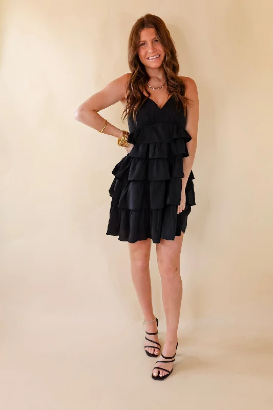 Last Chance Size Medium & Large | Dare to Dance Ruffled Spaghetti Strap Dress in Black