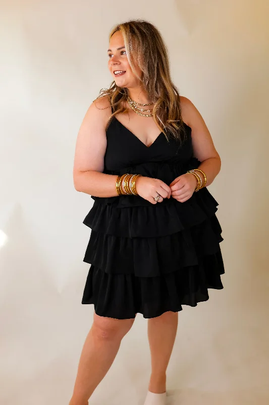 Last Chance Size Medium & Large | Dare to Dance Ruffled Spaghetti Strap Dress in Black