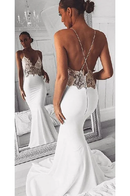 Sexy Mermaid Spaghetti Straps Lace Appliques Beach Wedding Dresses