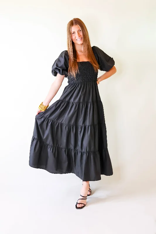 Santorini Sunshine Short Balloon Sleeve Maxi Dress in Black