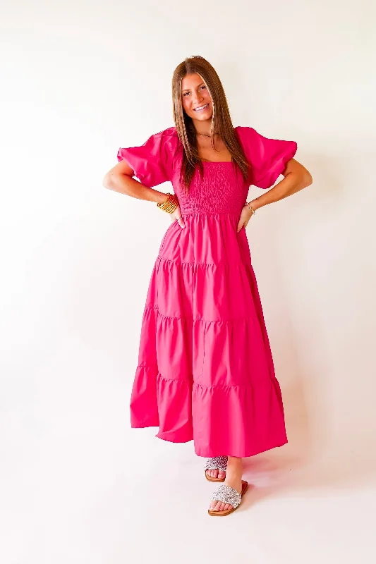 Santorini Sunshine Short Balloon Sleeve Maxi Dress in Fuschia Pink