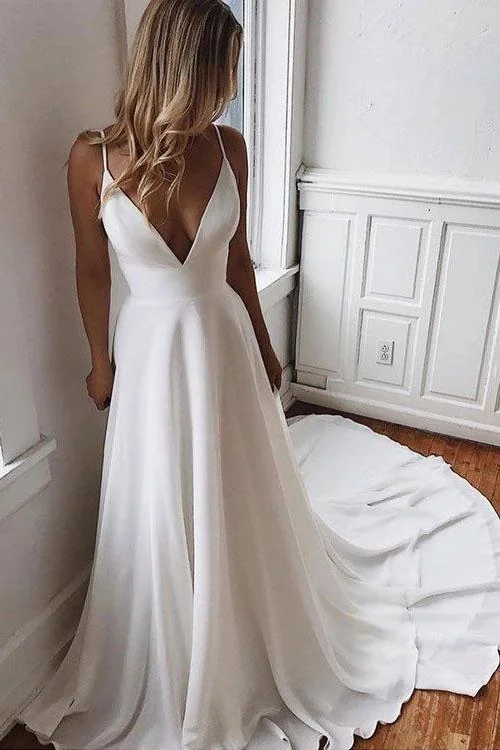 Spaghetti Strap V-Neck Beaded Beach Wedding Dress