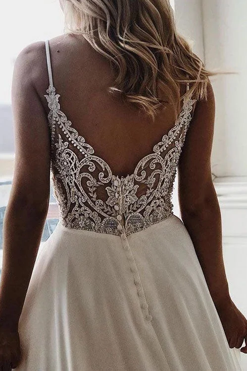 Spaghetti Strap V-Neck Beaded Beach Wedding Dress