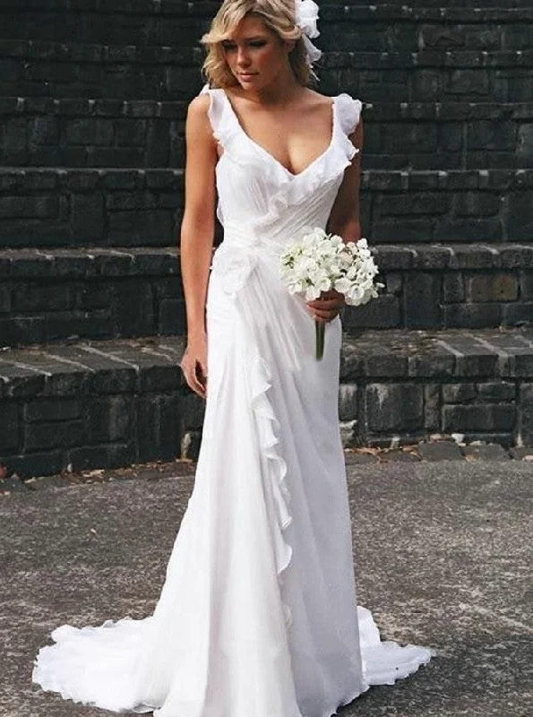 Straps Beach Chiffon Backless Wedding Dress With Ruffled Bridal Dress OW331