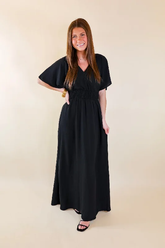 Last Chance Size Small & Medium | Wildly In Love V Neck Maxi Dress with Smocked Waist in Black