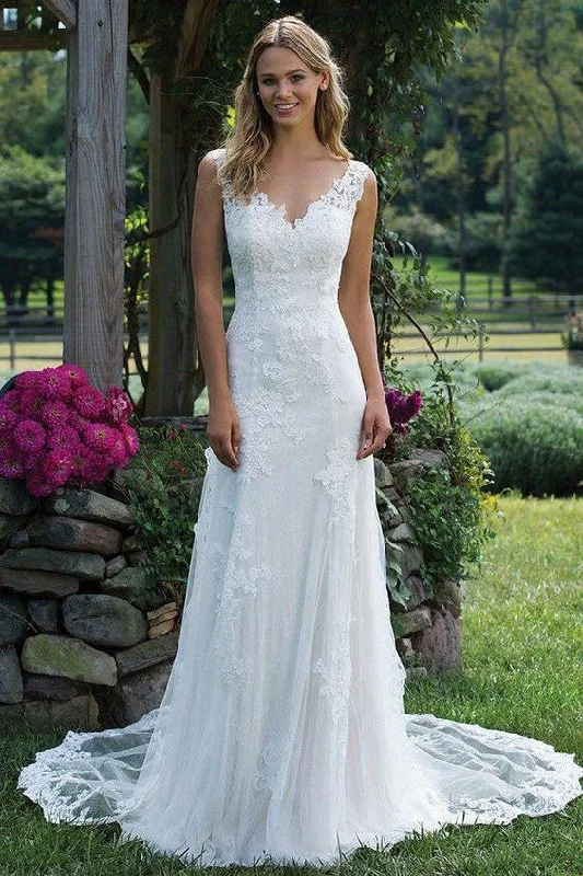 Vintage V-Neck Sleeveless Tulle Lace Appliqued Wedding Dress Long Bridal Dress N1321