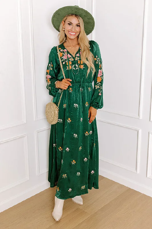 Whispering Sweet Nothings Embroidered Maxi In Hunter Green