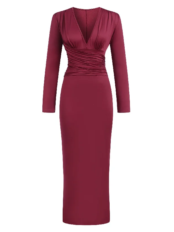 Pleated Women Dress with a Timeless and Elegant Texture 1930s Solid Pleated Waist V-Neck Bodycon Dress
