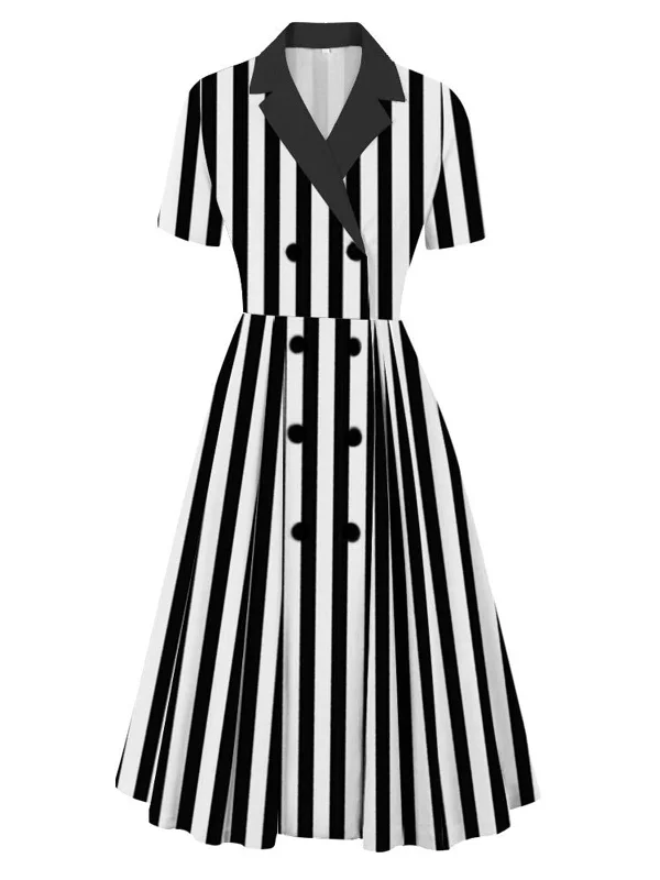 Plus Size Women Dress with a Flattering A - Line Cut for Comfort and Style 1940s Lapel Double Breasted Black & White Stripes Dress