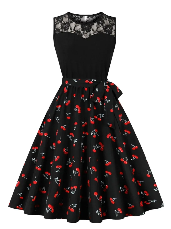 Lace - Embellished Women Dress for an Elegant and Sophisticated Appearance 1950s Lace Patchwork Cherry Floral Sleeveless Dress