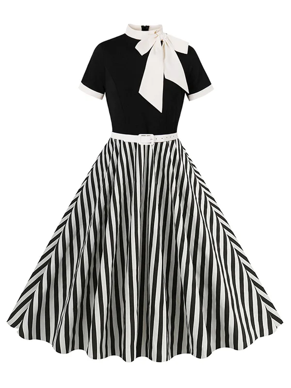 Sheath Women Dress with a Tailored Fit for a Professional Look 1950s Tie Neck Black & White Stripes Belted Dress