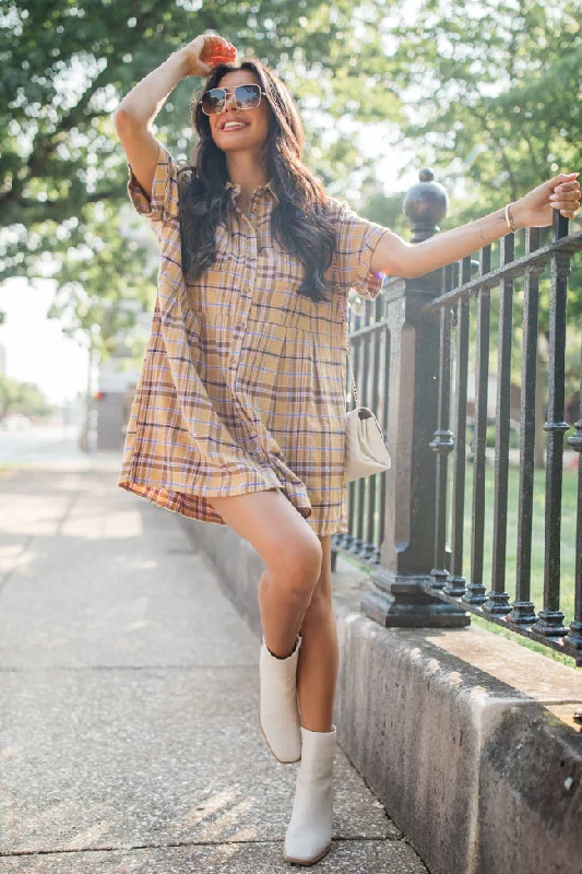 Halter Neck Women Dress to Show Off the Shoulders and Neckline A Place All Our Own Mustard Plaid Shirt Dress