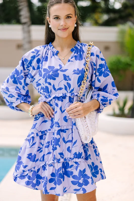 Pleated Women Dress with a Timeless and Elegant Texture All That You Know Periwinkle Blue Floral Dress