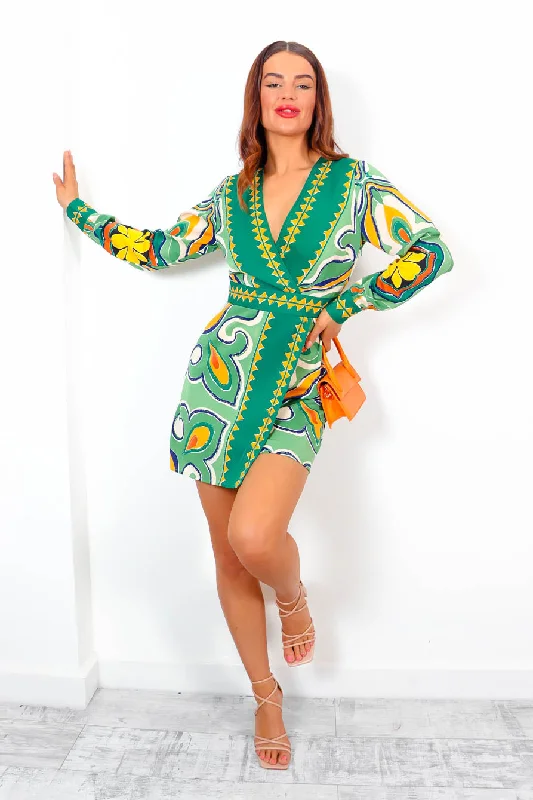 Long - Sleeve Women Dress in Velvet for a Luxurious Winter Look As Good As Bold - Green Orange Printed Mini Dress