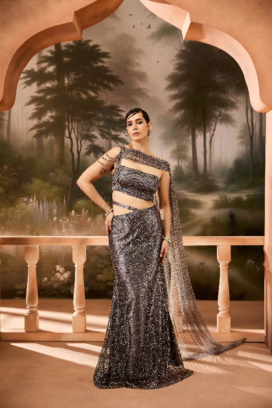 Pleated Women Dress with a Timeless and Elegant Texture Ekantika Ash Grey Embroidered Mermaid Lehenga Set