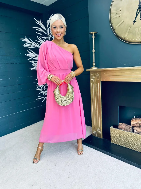 Halter Neck Women Dress to Show Off the Shoulders and Neckline Asher One Shoulder Midi Dress Barbie Pink