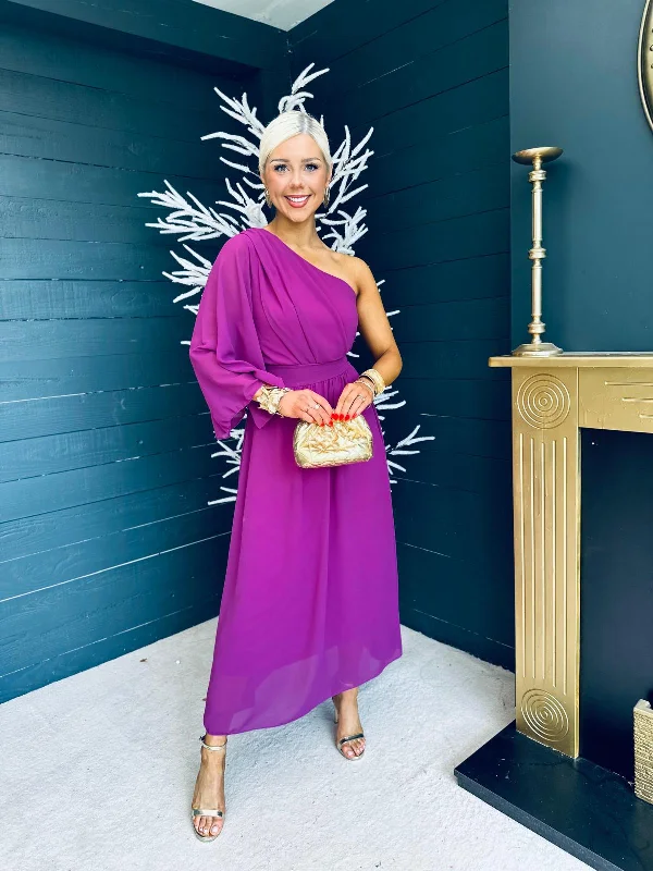 Halter Neck Women Dress to Show Off the Shoulders and Neckline Asher One Shoulder Midi Dress Berry