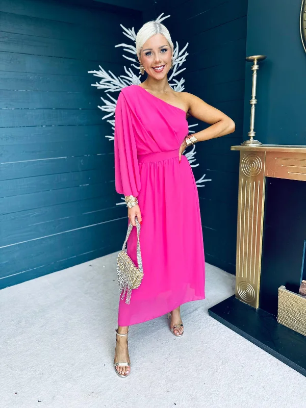 Ruffled Women Dress with Multiple Layers for a Playful and Girly Style Asher One Shoulder Midi Dress Cerise
