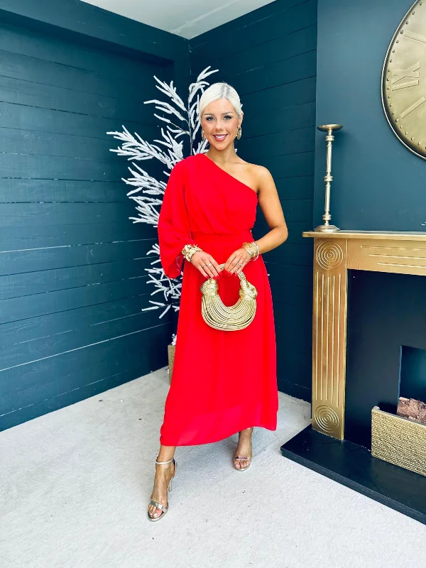 Backless Women Dress for a Sexy and Alluring Look at Evening Events Asher One Shoulder Midi Dress Red