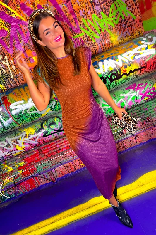 Wrap - Style Women Dress with Adjustable Fit for All Body Types Beat The Ruche - Purple Rust Lurex Midi Dress