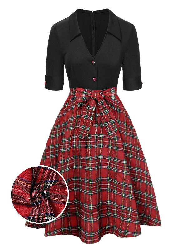 Off - the - Shoulder Women Dress for a Romantic and Feminine Look [Pre-Sale] Black 1940s Bowknot Plaid Patchwork Lapel Dress