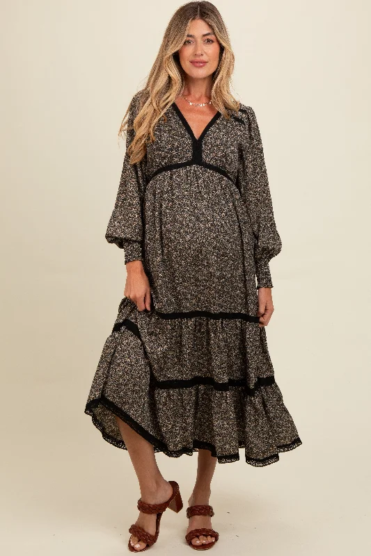 Mermaid - Style Women Dress with a Fitted Silhouette for Special Occasions Black Floral Lace Trim Bubble Sleeve Maternity Maxi Dress