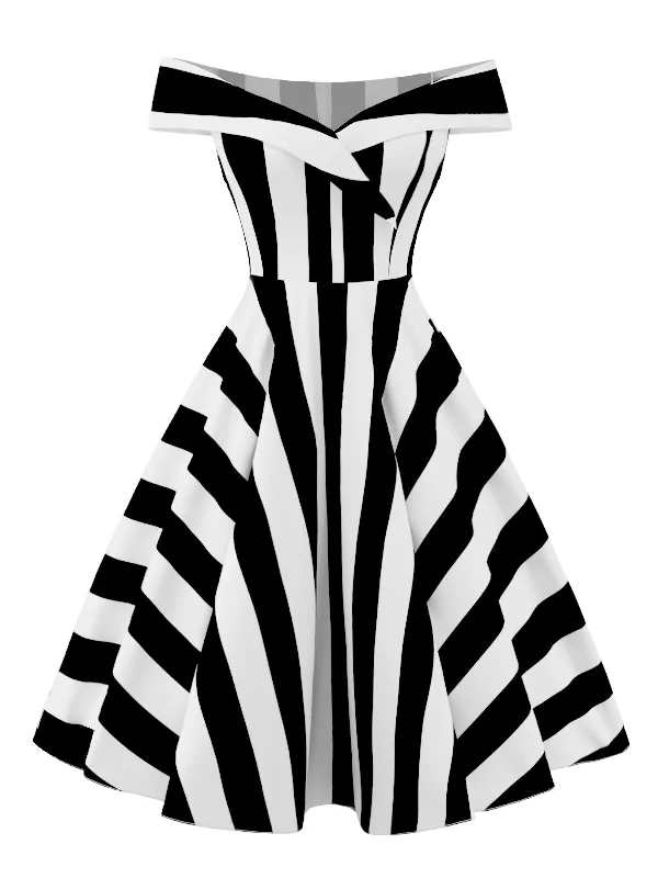 Empire Waist Women Dress to Accentuate the Bust and Conceal the Waist [Pre-Sale] Black & White 1950s Off Shoulder Striped Dress