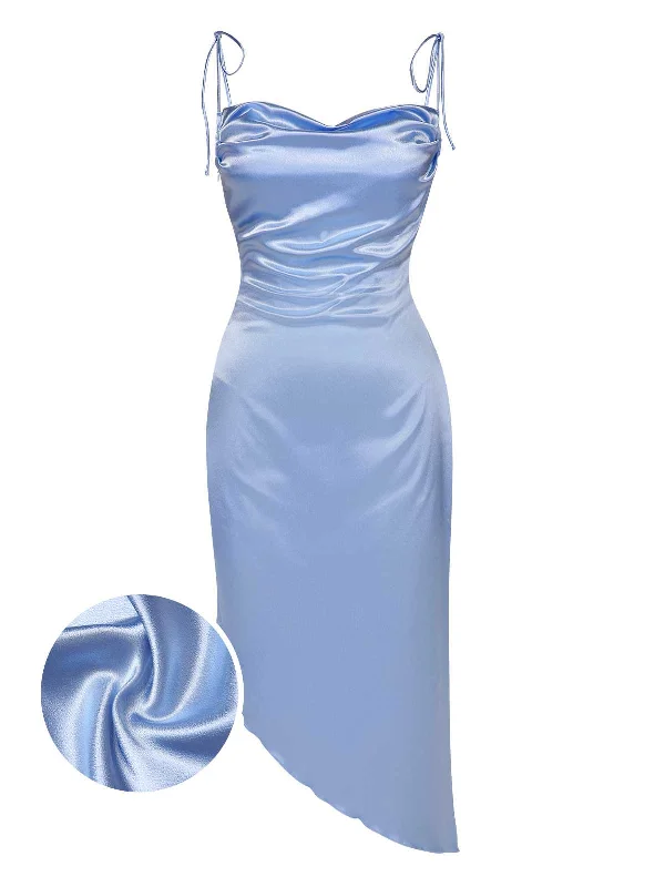 Sleeveless Women Dress in Bright Colors for Summer Parties Blue 1960s Spaghetti Strap Irregular Hem Satin Dress