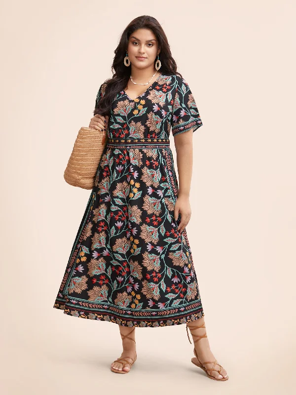 Shift Women Dress with a Simple and Classic Design for Everyday Wear Boho Print Shirred Pocket Midi Dress