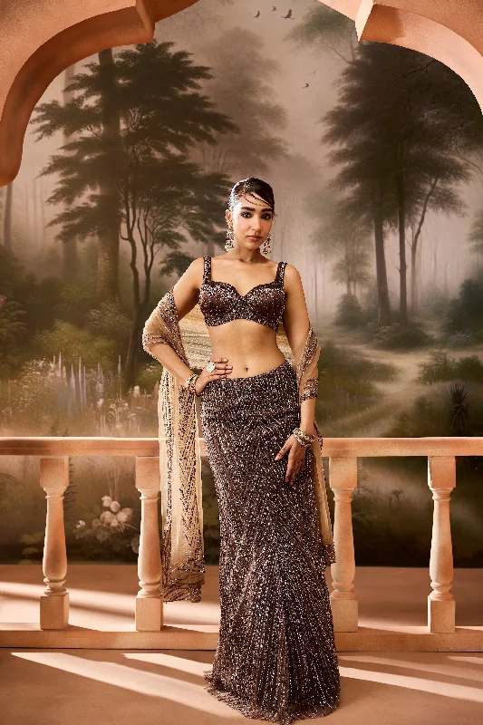 Shift Women Dress with a Simple and Classic Design for Everyday Wear Shabnam Brown Embroidered Lehenga Set