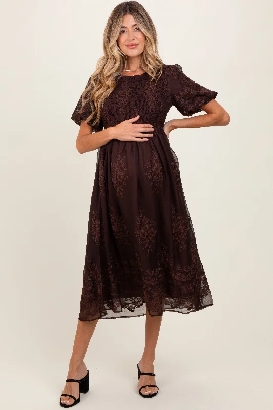 Long - Sleeve Women Dress in Velvet for a Luxurious Winter Look Brown Floral Embroidered Mesh Overlay Smocked Maternity Midi Dress