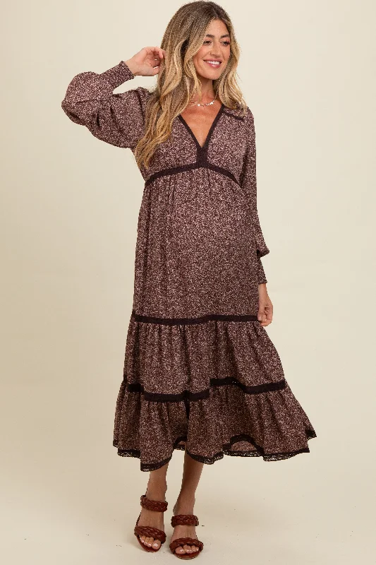 Backless Women Dress for a Sexy and Alluring Look at Evening Events Brown Floral Lace Trim Bubble Sleeve Maternity Maxi Dress