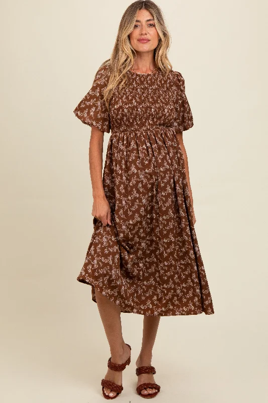 Maxi Women Dress with Floral Print for a Bohemian Vibe Brown Floral Smocked Maternity Midi Dress