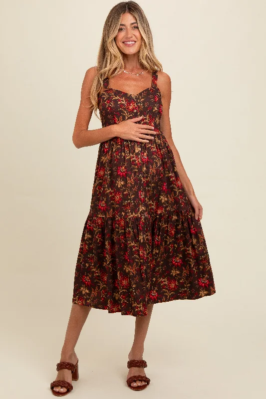 Strapless Women Dress with a Built - in Bra for Comfort and Support Brown Floral Sweetheart Neck Button Down Maternity Midi Dress
