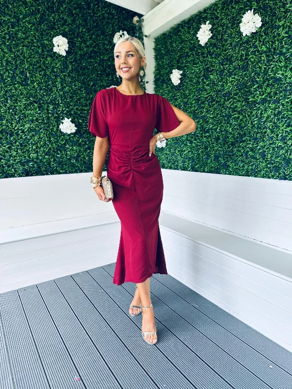 Little Black Women Dress with Sequins for a Glamorous Night Out Cleo Ruched Detail Midi Dress Berry